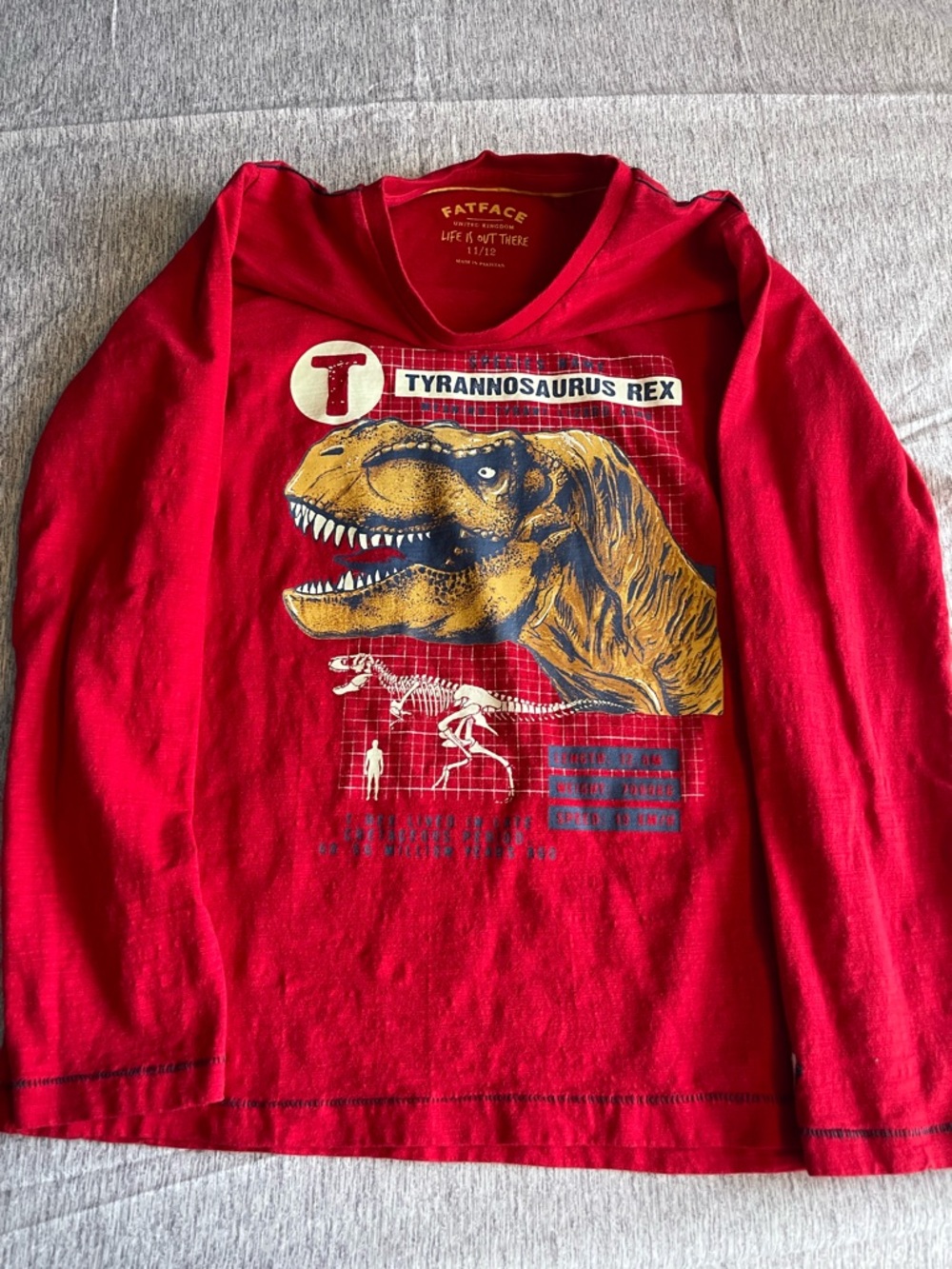 FatFace Red Long Sleeve Tee with Yellow & Navy T. Rex Graphic